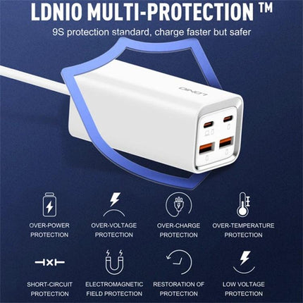 LDNIO Charger for Daily Device Powering at Home or Travel white multi-port USB wall charger with multi-protection icons