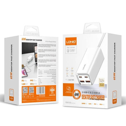 LDNIO Charger for Daily Device Powering at Home or Travel - white 65W desktop fast charger with 2 USB-C and 2 USB-A ports