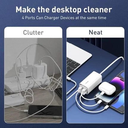 LDNIO Charger for Daily Device Powering at Home or Travel showing neat 4-port charging setup beside cluttered cables