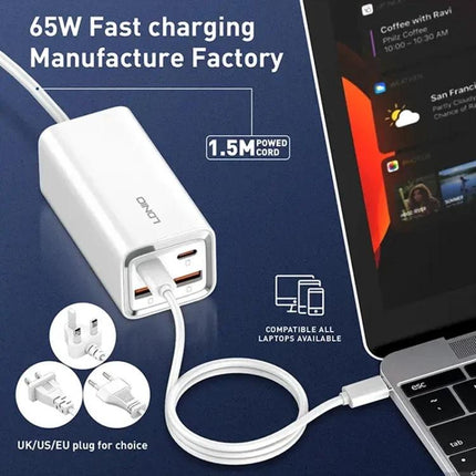 LDNIO Charger for Daily Device Powering at Home or Travel white 65W dual-port USB fast charger with 1.5M cord connected to laptop
