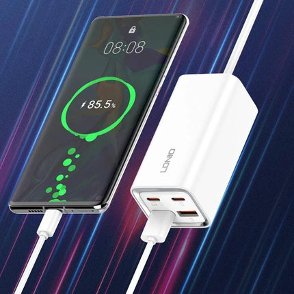 LDNIO Charger for Daily Device Powering at Home or Travel — white compact multi-port charger charging smartphone at 85%
