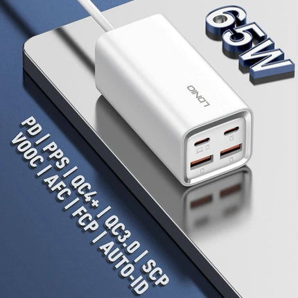 LDNIO Charger for Daily Device Powering at Home or Travel - 65W compact aluminum USB charger with dual ports, 100-240V global compatibility