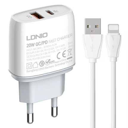 LDNIO Charger for Daily Device Powering with Versatile Plugs compact white 20W QC/PD wall charger with USB-C and USB-A ports and Lightning cable