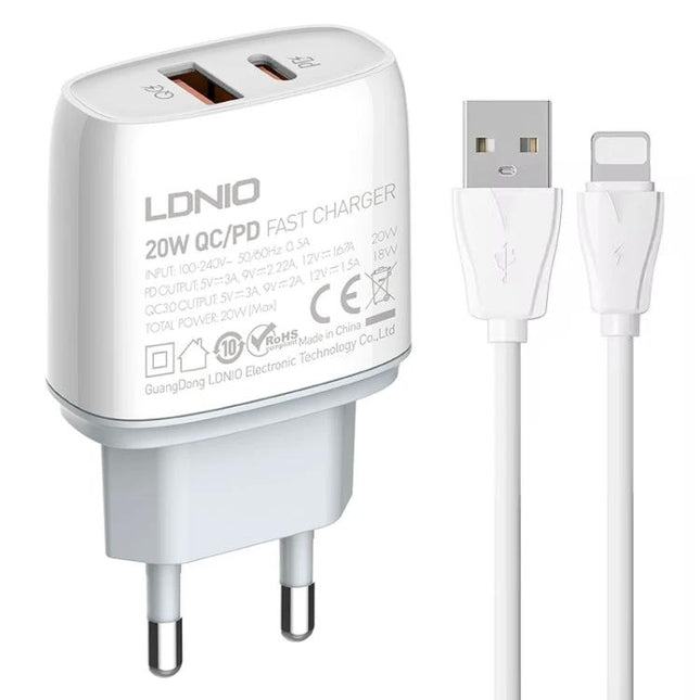 LDNIO Charger for Daily Device Powering with Versatile Plugs compact white 20W QC/PD wall charger with USB-C and USB-A ports and Lightning cable