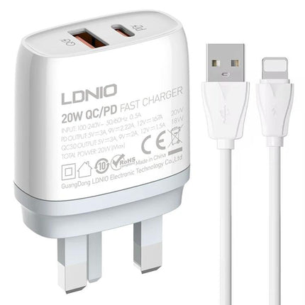 LDNIO Charger for Daily Device Powering with Versatile Plugs compact white 20W USB-C and USB-A travel wall charger with cable