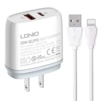 LDNIO Charger for Daily Device Powering with Versatile Plugs compact 20W QC/PD wall charger with USB and cable