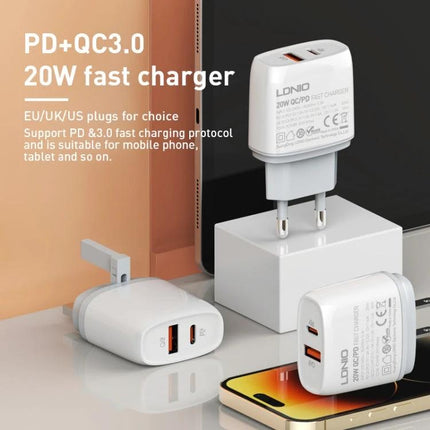 LDNIO Charger for Daily Device Powering with Versatile Plugs compact PD+QC3.0 20W travel charger with EU/UK/US adapters for phones tablets laptops