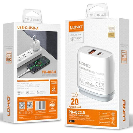 LDNIO Charger for Daily Device Powering with Versatile Plugs compact 20W PD+QC3.0 travel wall charger with USB-C and USB-A