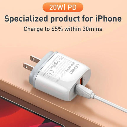 LDNIO Charger for Daily Device Powering with Versatile Plugs compact 20W PD wall charger shown charging an iPhone