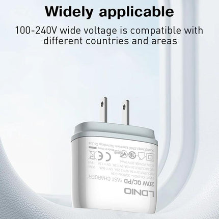 LDNIO Charger for Daily Device Powering with Versatile Plugs compact white travel wall charger showing US prongs and wide 100-240V compatibility