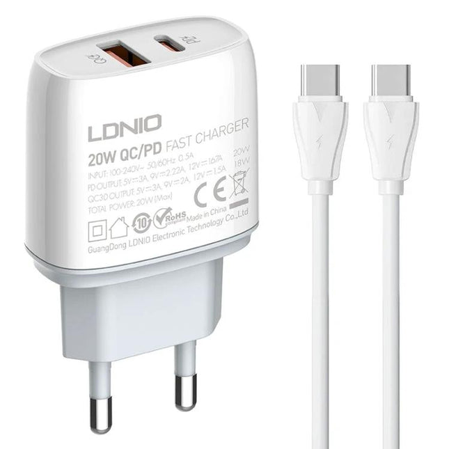 LDNIO Type-C Charger for Daily Home and Travel Use white 20W QC/PD fast charger with USB-A and USB-C cable