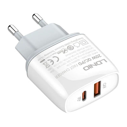 LDNIO Type-C Charger for Daily Home and Travel Use white dual-port wall adapter showing USB-C and USB-A ports