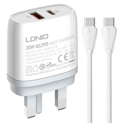 LDNIO Type-C Charger for Daily Home and Travel Use white 20W PD wall adapter with USB-A and USB-C cables