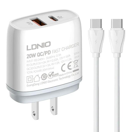 LDNIO Type-C Charger for Daily Home and Travel Use - compact 20W QC/PD wall charger with USB-C cable for smartphone tablet and laptop charging