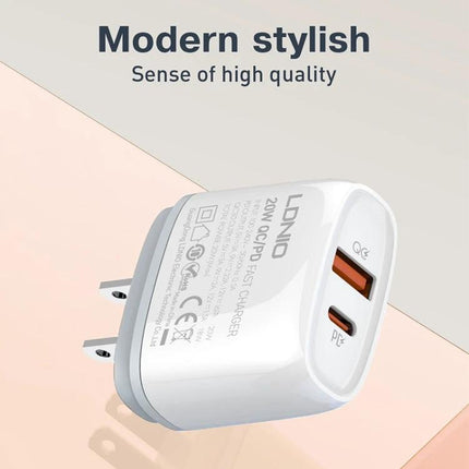LDNIO Type-C Charger for Daily Home and Travel Use white dual-port wall charger shown at angle, modern stylish design for home and travel