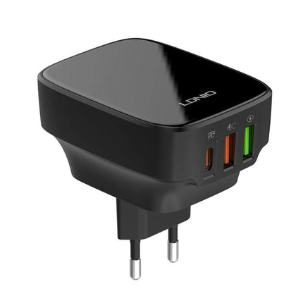 LDNIO Charger for Everyday Travel and Home Device Needs — black multi-port travel charger with USB-C and USB-A ports