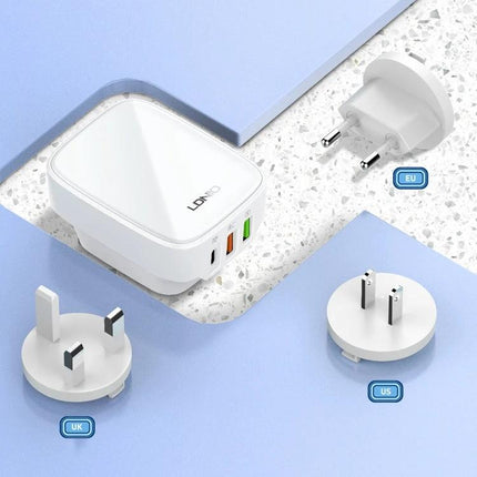 LDNIO Charger for Everyday Travel and Home Device Needs - white travel charger with EU, UK, and US plug adapters