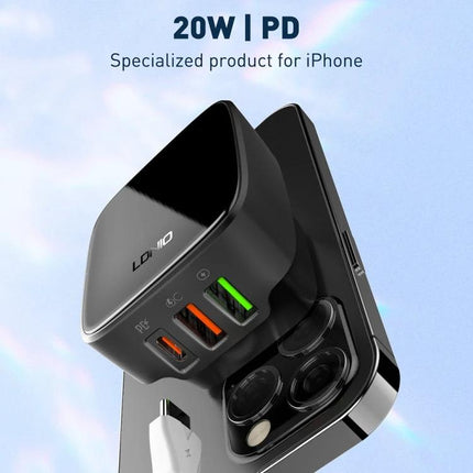 LDNIO Charger for Everyday Travel and Home Device Needs compact black 20W PD multi-port wall charger with USB-C and USB-A ports alongside smartphone