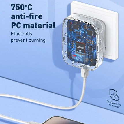 LDNIO Charger for Everyday Travel and Home Device Needs plugged into wall showing transparent anti-fire PC material and USB charging cable