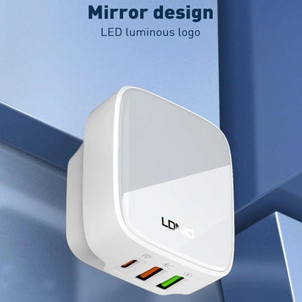 LDNIO Charger for Travel and Daily Power Needs - white mirror-design wall charger with LED logo and multiple USB ports