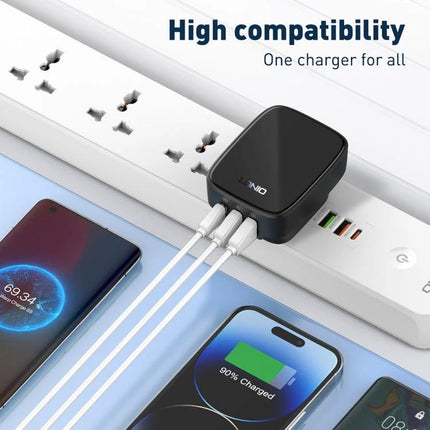 LDNIO Charger for Travel and Daily Power Needs plugged into power strip charging multiple phones and devices, compact black multiport travel charger