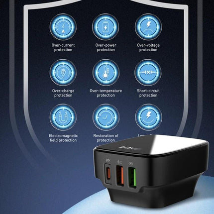 LDNIO Charger for Travel and Daily Power Needs compact multi-port adapter showing three colored USB ports and safety protection icons