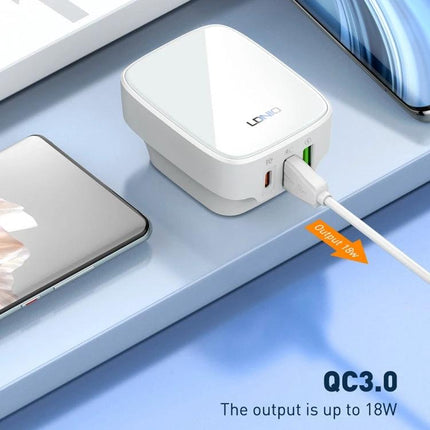 LDNIO Charger for Travel and Daily Power Needs compact QC3.0 wall charger with USB-C and USB-A ports powering phone and laptop up to 18W