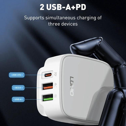 Alt Tag: LDNIO Charger for Travel and Daily Power Needs compact 3-port charger with 2 USB-A and PD port for phones and laptops