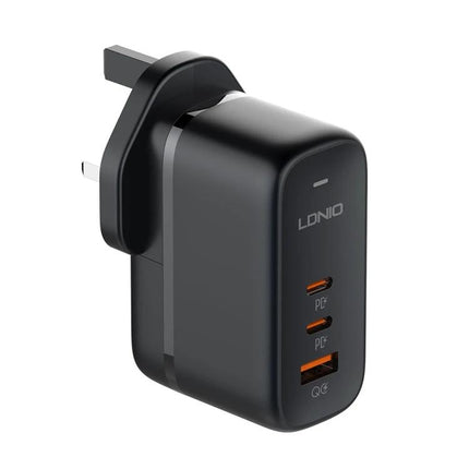 LDNIO Multi-Port Charger for Daily Use at Home or Travel - compact black wall charger with three USB-C/USB-A ports for phone, tablet, laptop