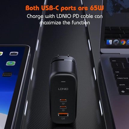 LDNIO Multi-Port Charger for Daily Use at Home or Travel shown charging a tablet and laptop with two 65W USB-C ports in a compact travel-ready design