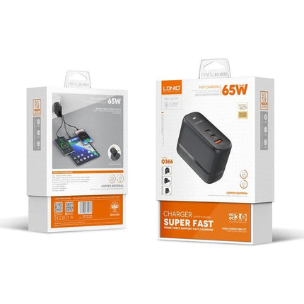 LDNIO Multi-Port Charger for Daily Use at Home or Travel compact 65W black charger packaging showing multiple device charging