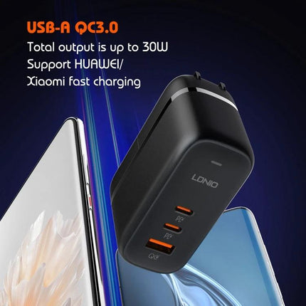 LDNIO Multi-Port Charger for Daily Use at Home or Travel compact black charger with USB-A QC3.0 and two USB-C ports powering smartphone and tablet