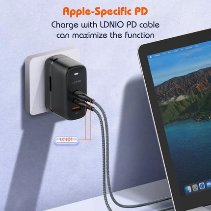 LDNIO Multi-Port Charger for Daily Use at Home or Travel plugged into wall charging tablet and smartphone with multiple cables