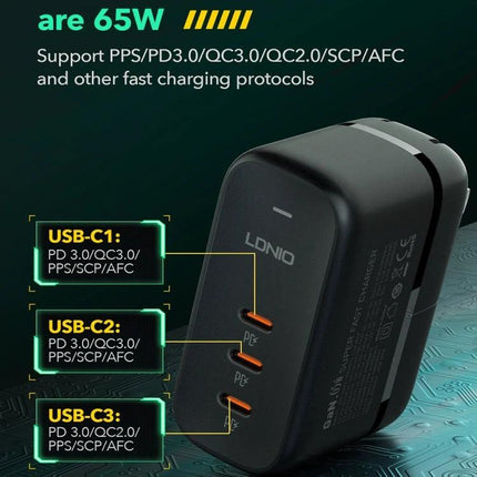 Keep Your Devices Charged Daily with LDNIO Essentials Charger — 65W black 3-port USB-C fast charger for laptop smartphone tablet