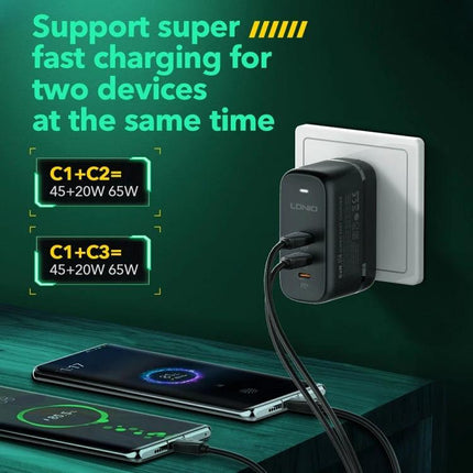 Keep Your Devices Charged Daily with LDNIO Essentials Charger — compact multi‑port USB‑C charger powering laptop and two smartphones