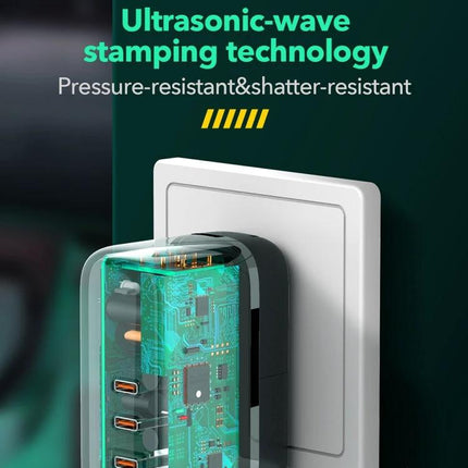 Keep Your Devices Charged Daily with LDNIO Essentials Charger showing transparent multi‑USB‑C wall charger revealing internal circuit board and ports
