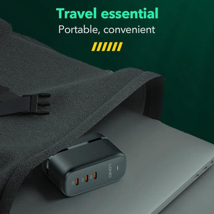 Keep Your Devices Charged Daily with LDNIO Essentials Charger shown as a compact travel charger powering a laptop and devices