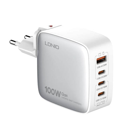 LDNIO Charger for Daily Device Powering at Home and Travel white 100W GaN USB‑C and USB‑A multiport wall charger for phones tablets and laptops
