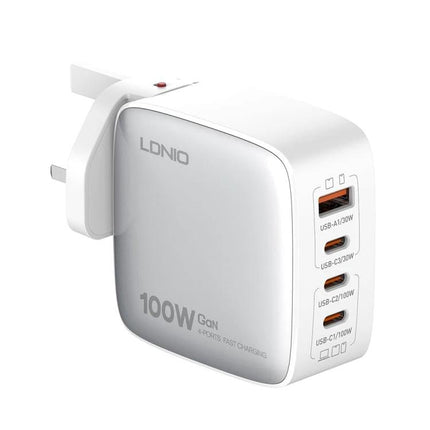 LDNIO Charger for Daily Device Powering at Home and Travel - white 100W GaN wall charger with 3 USB-C ports for phone tablet laptop