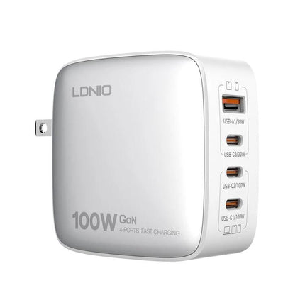 LDNIO Charger for Daily Device Powering at Home and Travel - white 100W 4-port USB GaN wall charger for smartphones, tablets, laptops