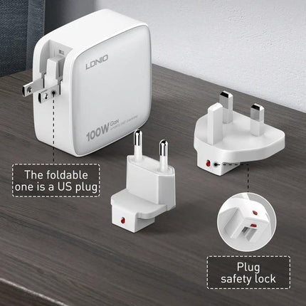 LDNIO Charger for Daily Device Powering at Home and Travel compact 100W charger with foldable US plug and international adapters