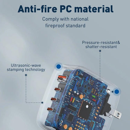 LDNIO Charger for Daily Device Powering at Home and Travel showing anti-fire PC material and internal circuit design