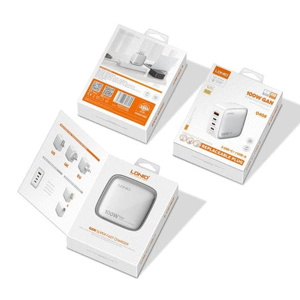 LDNIO Charger for Daily Device Powering at Home and Travel - white 100W GaN multiport charger with replaceable plug packaging