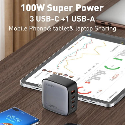 LDNIO Charger for Daily Device Powering at Home and Travel - 100W 3 USB-C +1 USB-A compact travel and home multiport charger