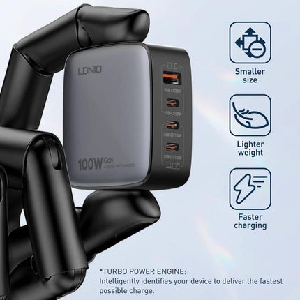 LDNIO Charger for Daily Device Powering at Home and Travel compact 100W GaN wall charger with multiple USB-C and USB-A ports