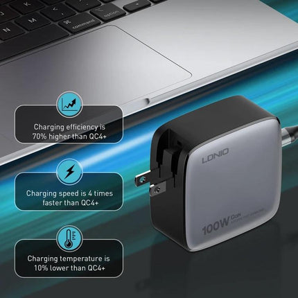 LDNIO Charger for Daily Device Powering at Home and Travel - compact 100W USB-C wall charger shown charging laptop, fast efficient travel and home use