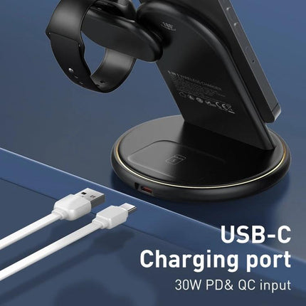 LDNIO Charger Stand for Daily Device Charging at Home shown charging a smartphone, smartwatch and earbuds on a magnetic multi-device stand