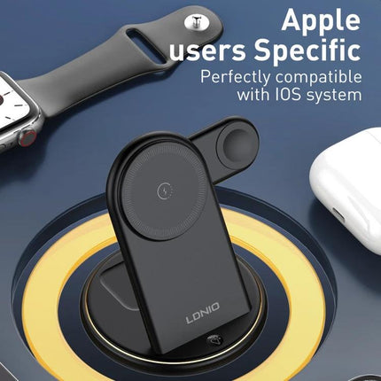 LDNIO Charger Stand for Daily Device Charging at Home showing wireless charger with smartwatch and earbuds neatly arranged