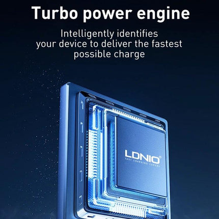 LDNIO Charger Stand for Daily Device Charging at Home shown with illuminated turbo power engine graphic highlighting magnetic fast-charging tech