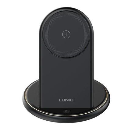 LDNIO Charger Stand for Daily Device Charging at Home showing black magnetic wireless stand charging a smartphone with earbuds and smartwatch nearby